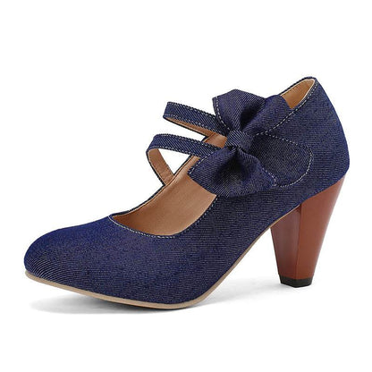 Buycenter Round Toe High Heels Pumps - Stylish Denim Bow Design - Buy Center