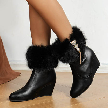 Women's Warm Wedge Mid-Calf Boots - Stylish Drill Buckle & Plush Detail - Buy Center