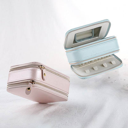 Compact PU Leather Jewelry Box - Stylish Zipper Organizer in Two Colors - Buy Center