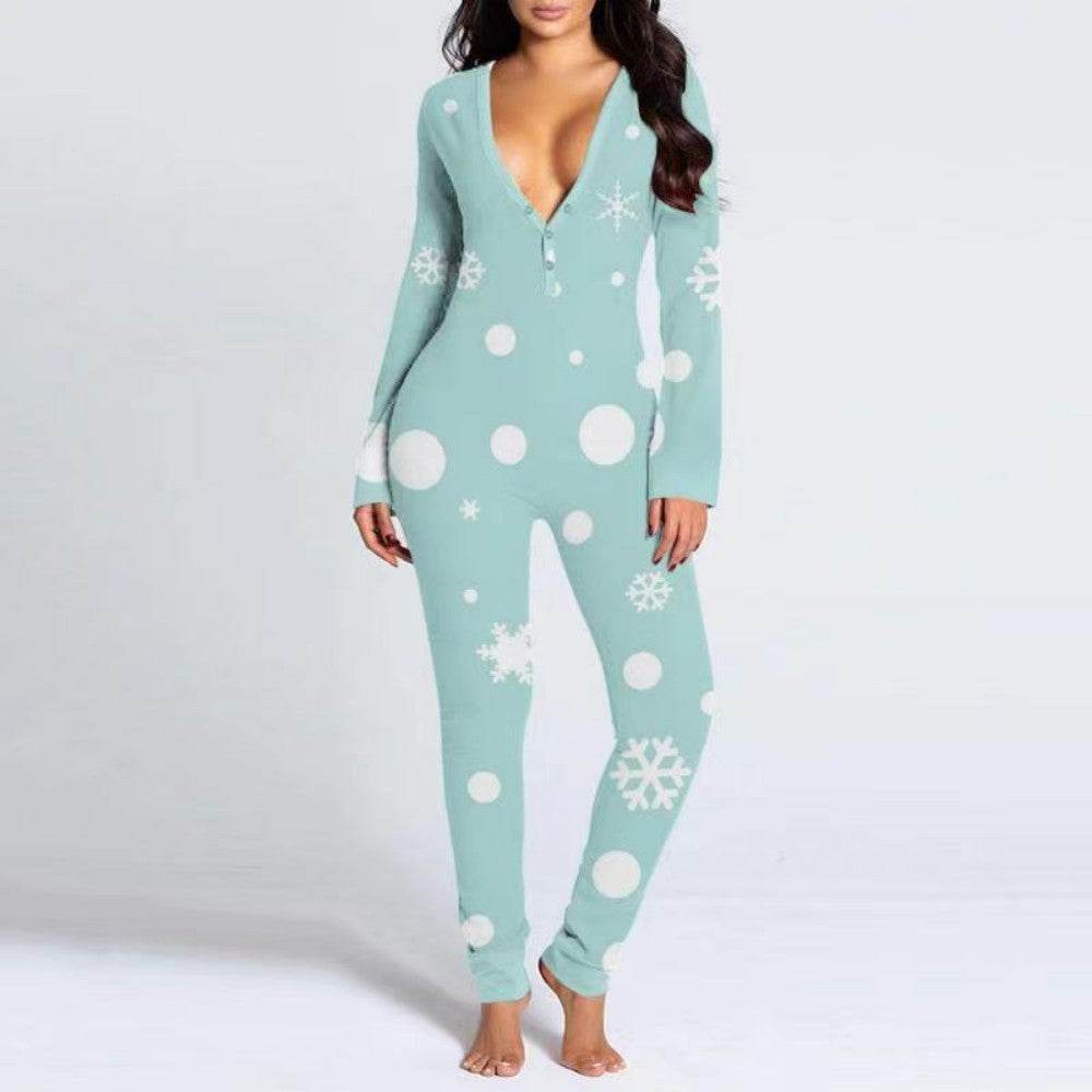 Buycenter Women's Printed Button Tight Jumpsuit - Comfortable V-Neck Style - Buy Center