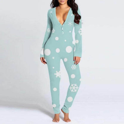 Buycenter Women's Printed Button Tight Jumpsuit - Comfortable V-Neck Style - Buy Center