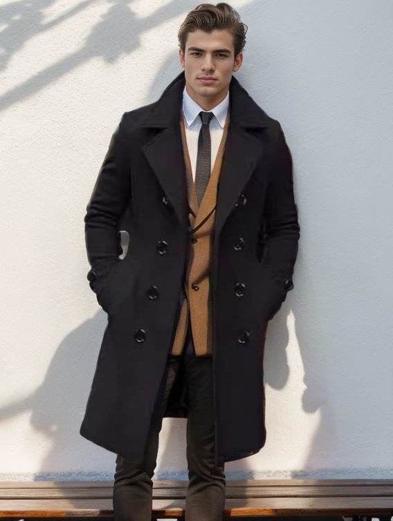 Men's Slim-Fit Woolen Trench Coat - Double-Breasted Stylish Outerwear - Buy Center