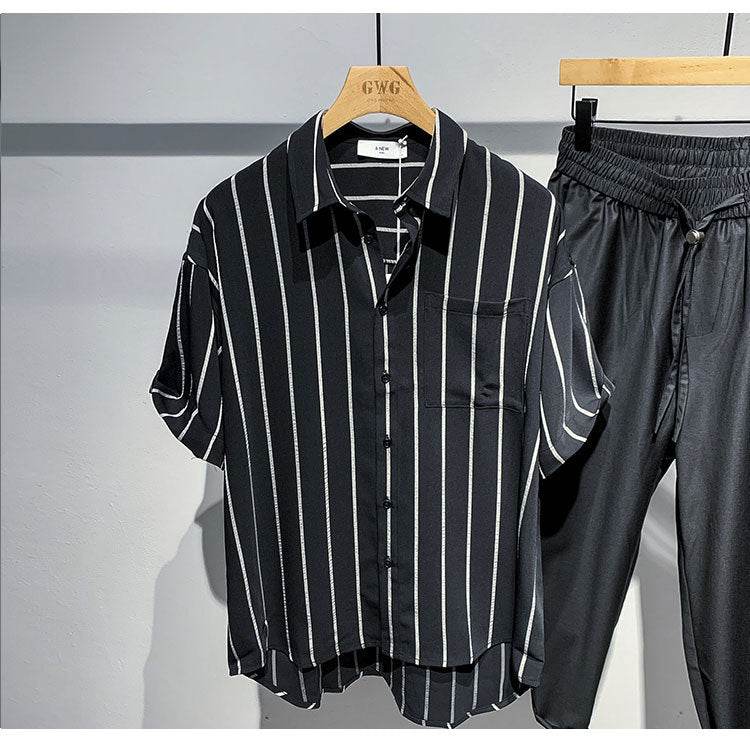 Men's Striped Short-Sleeved Shirt - Comfortable Black & Brown Style 2025 - Buy Center