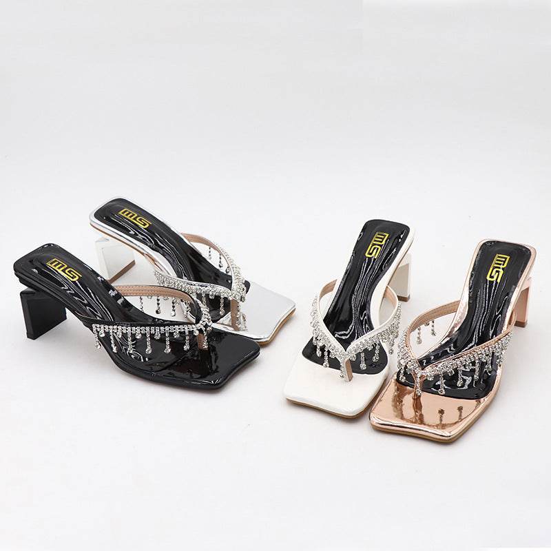 Trendy Square Toe Chunky Heel Sandals for Women - Rhinestone Accents - Buy Center