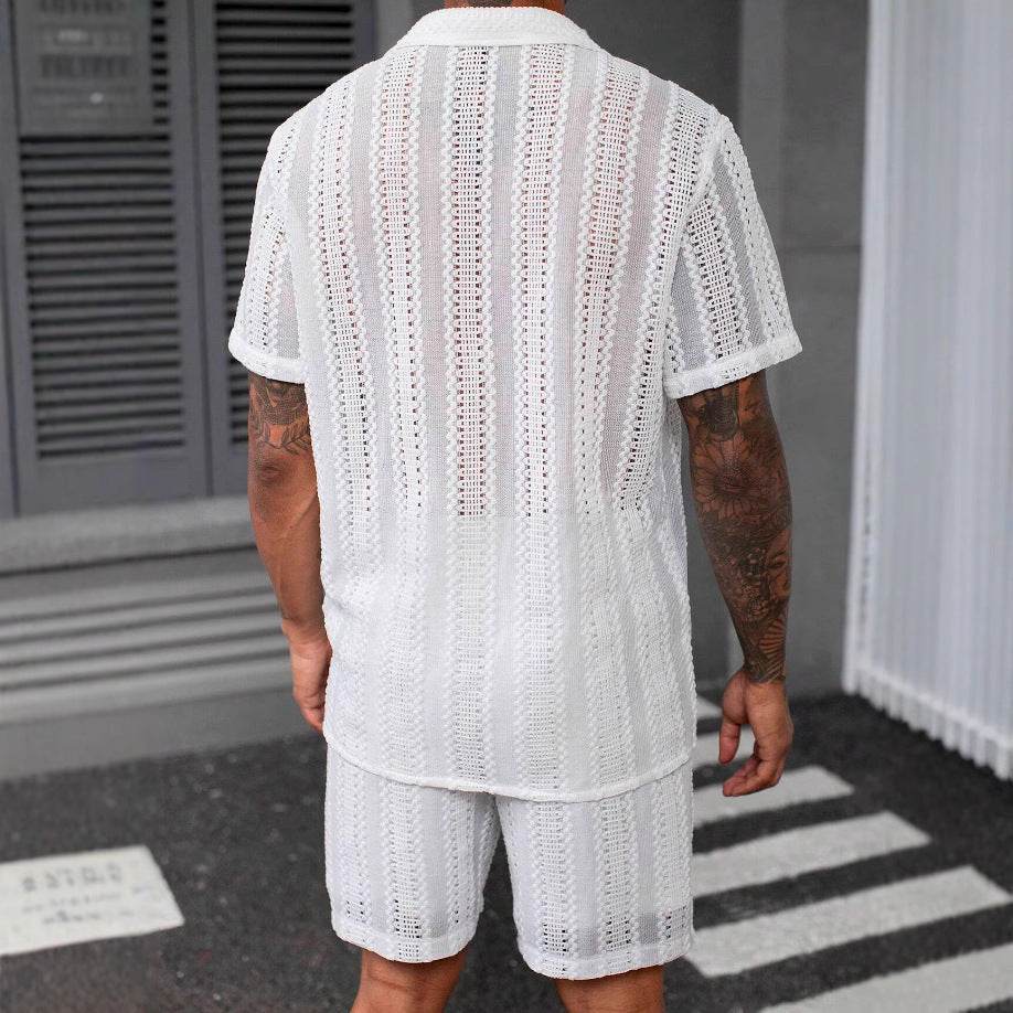 Men's Elegant Lace Translucent Short-Sleeved Shirt - Casual Cotton Blend - Buy Center