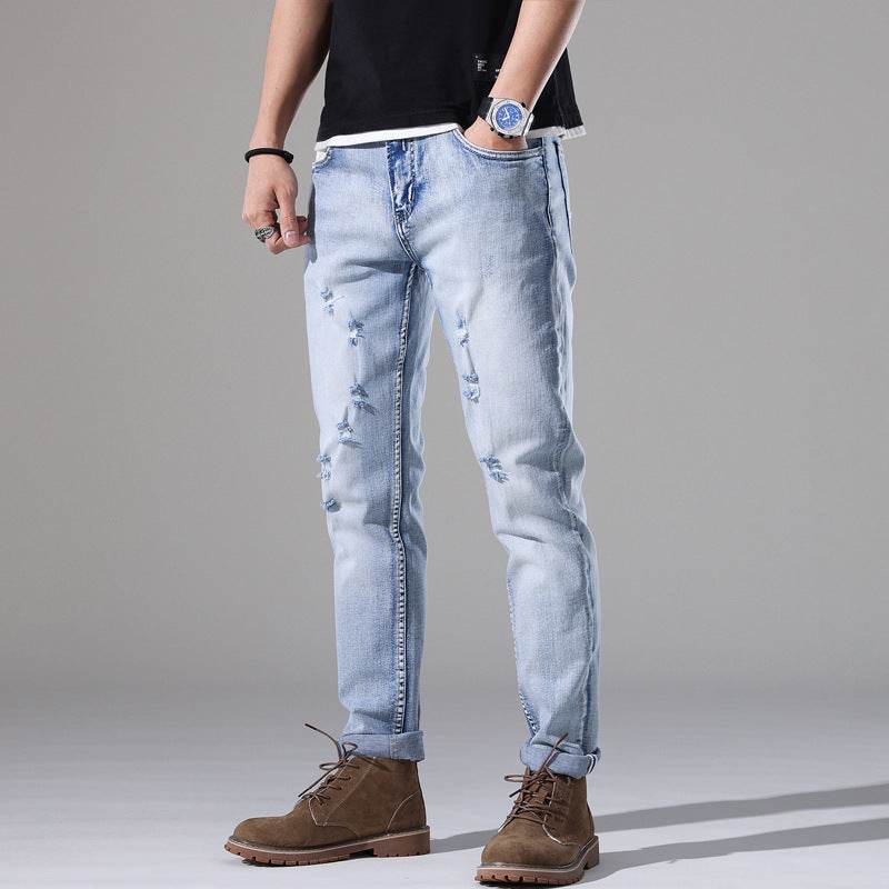 Men's Slim-Fit Ripped White Jeans - Casual Mid Waist Summer Pants - Buy Center