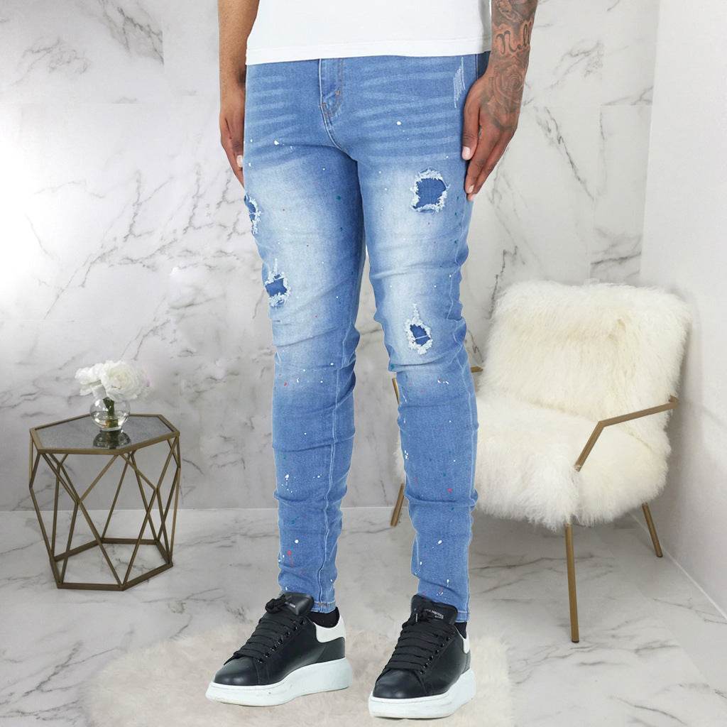 Trendy Splash-Ink Skinny Men's Jeans - Light Blue Low Waist Style - Buy Center