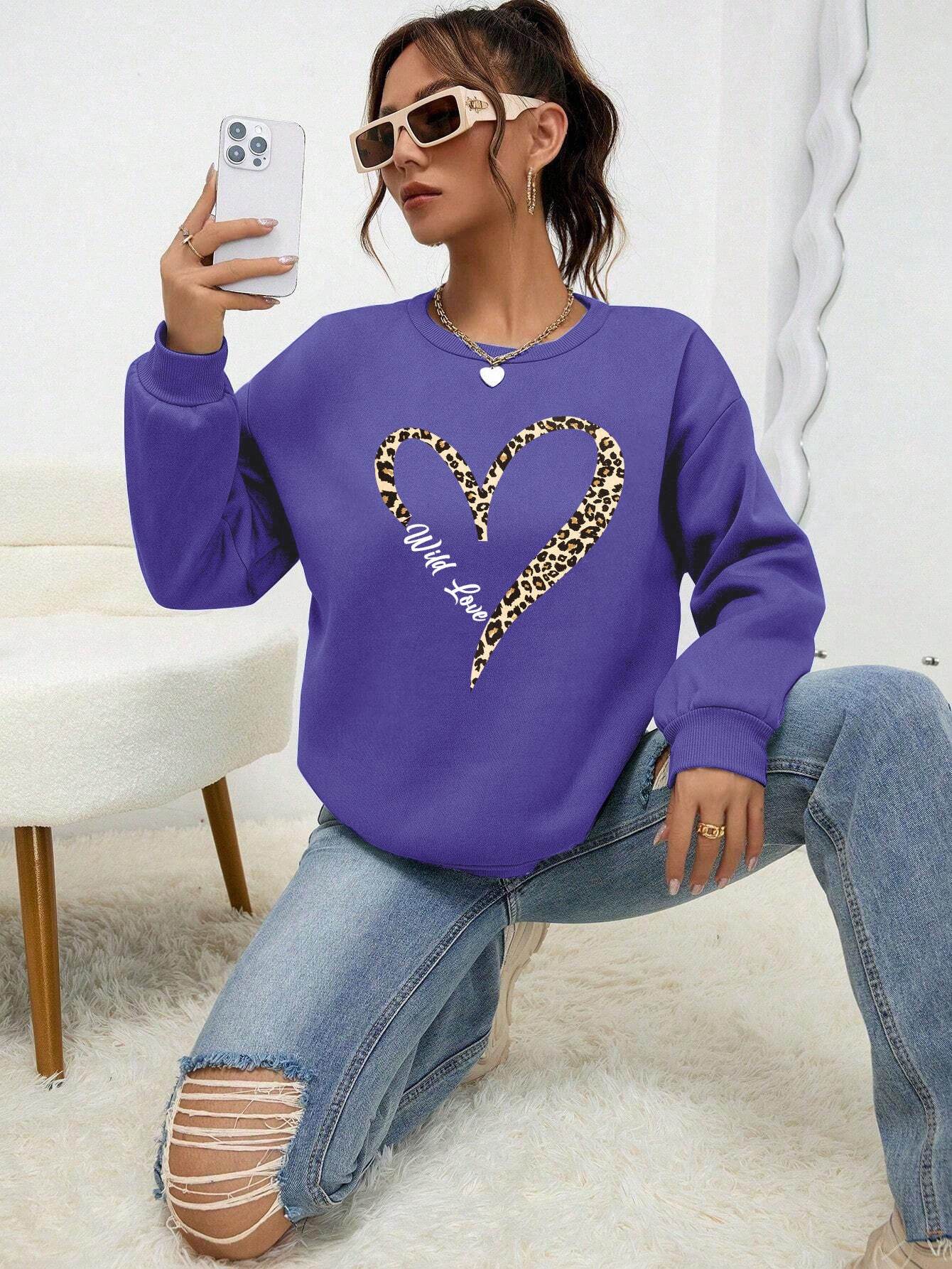 Leopard Wild Heart Pattern Sweatshirt Set - Trendy Pullover for Women - Buy Center