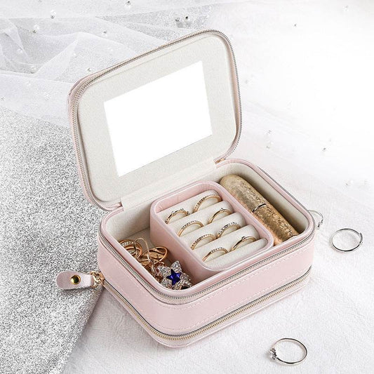 Compact PU Leather Jewelry Box - Stylish Zipper Organizer in Two Colors - Buy Center