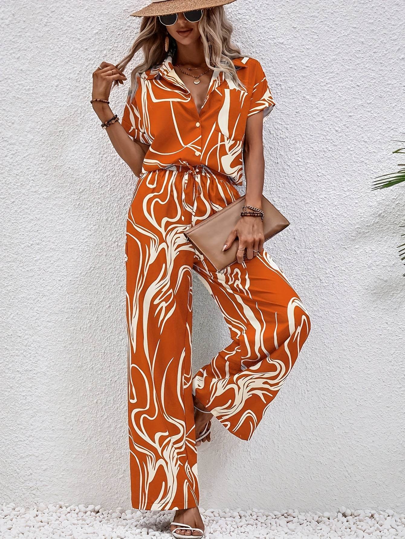 Elegant Women's Pants Set - Wide Leg Trousers & Short Sleeve Shirt - Buy Center