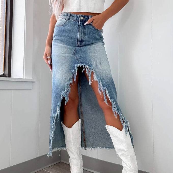 Denim High Waist Asymmetric Skirt - Distressed & Stylish Mid-Length Design - Buy Center
