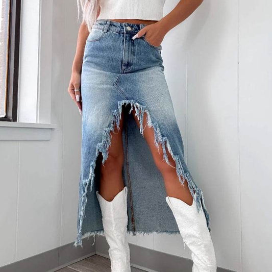 Denim High Waist Asymmetric Skirt - Distressed & Stylish Mid-Length Design - Buy Center