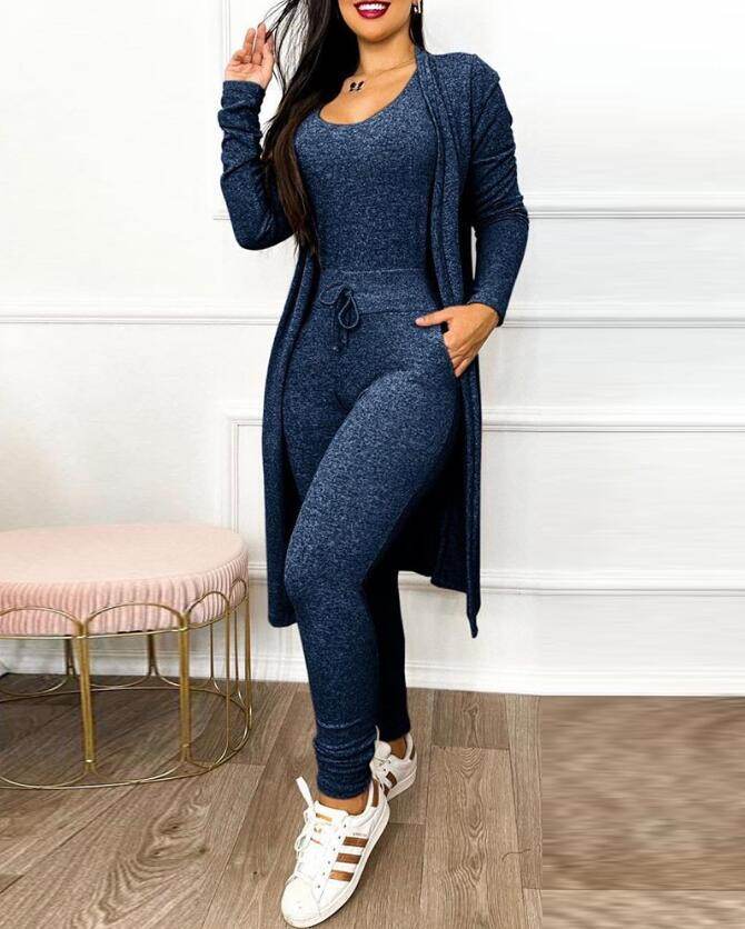 Buycenter Women's Casual Jumpsuit & Cardigan Set - High Waist & Pockets - Buy Center