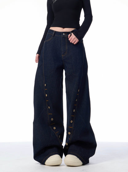 Multi-Row Buttonhole Denim Pants - Stylish Wide Leg Women’s Jeans - Buy Center