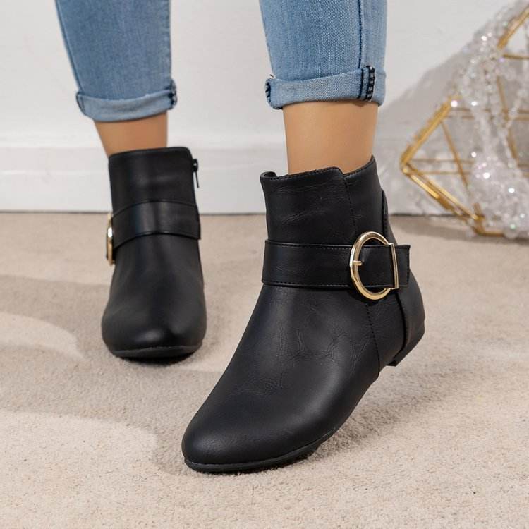 Big Buckle Black Side Zipper Low-Top Martin Boots for Trendy Women - Buy Center