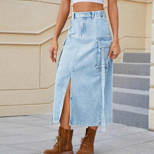 Washed Elastic Waist Ribbon Skirt - Chic Mid-Length Denim in Light & Dark Blue - Buy Center