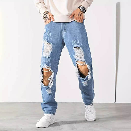 Korean Style Ripped Cropped Pants for Men - Light Blue, Mid Waist Fit - Buy Center