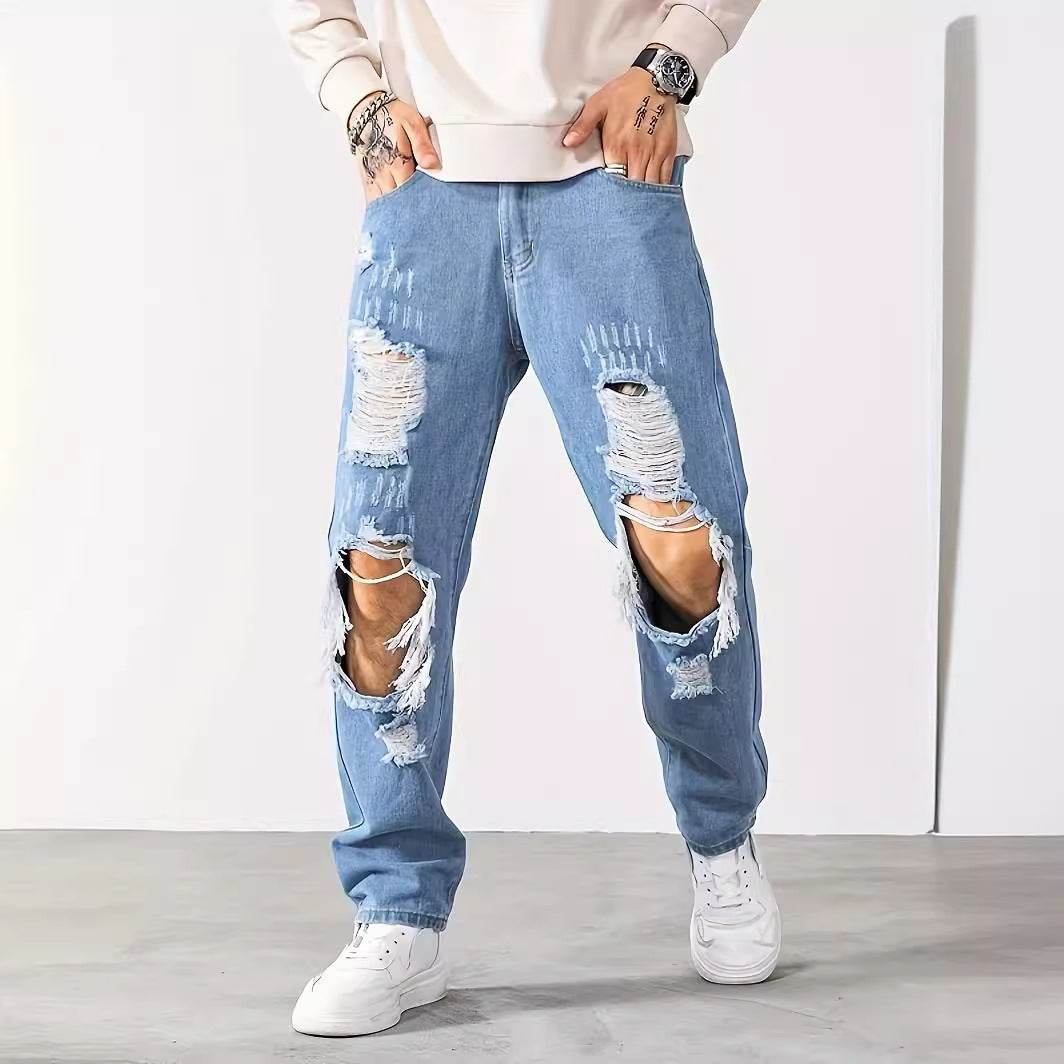 Korean Style Ripped Cropped Pants for Men - Light Blue, Mid Waist Fit - Buy Center