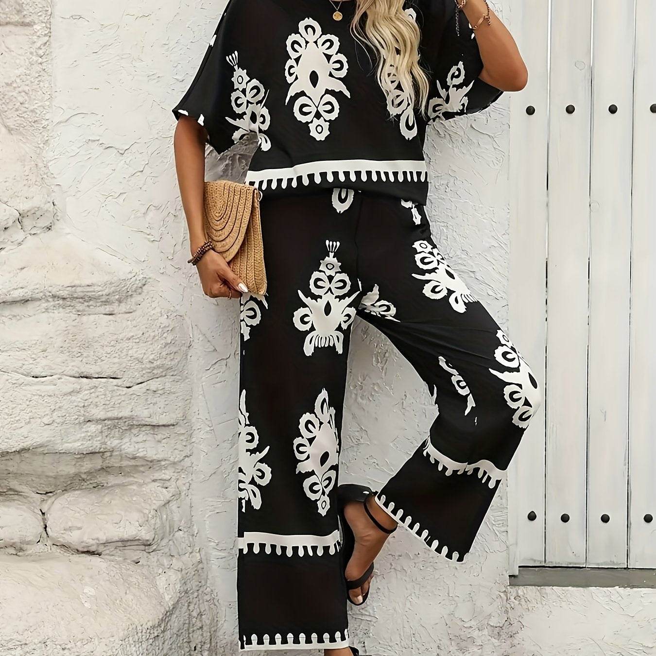 Elegant Geometric Pattern Wide Leg Outfit Set - Polyester, Autumn Fog - Buy Center