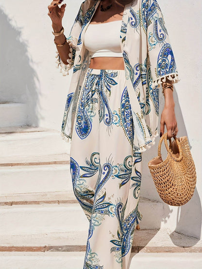 Elegant Women’s Peacock Print Kimono Top & Pants Set - Lightweight - Buy Center