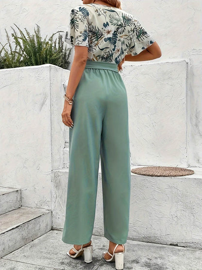 Women's Floral V-Neck Top & Wide-Leg Pants Suit Set - Casual Style - Buy Center