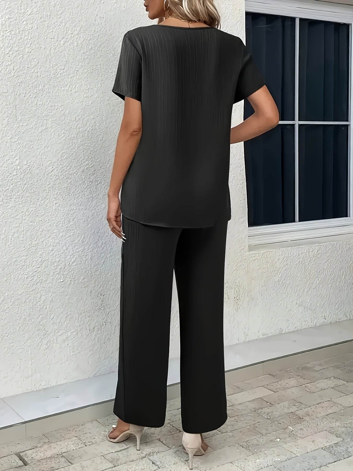 Elegant Two-Piece Set - Asymmetrical Hem Top & Wide-Leg Pants - Buy Center