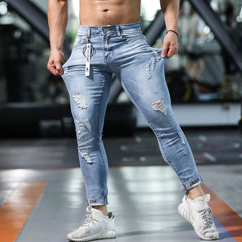 Men's Slim Ripped Jeans - Casual Breathable Denim Pants in Blue - Buy Center