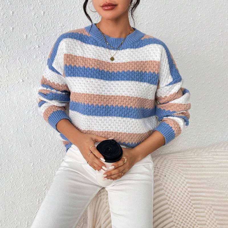 Buycenter Striped Casual Sweater - Round Neck, Long Sleeve for Women - Buy Center