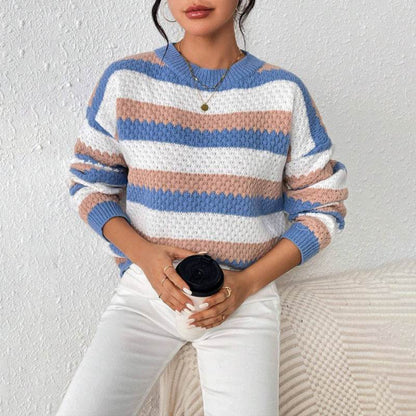 Buycenter Striped Casual Sweater - Round Neck, Long Sleeve for Women - Buy Center