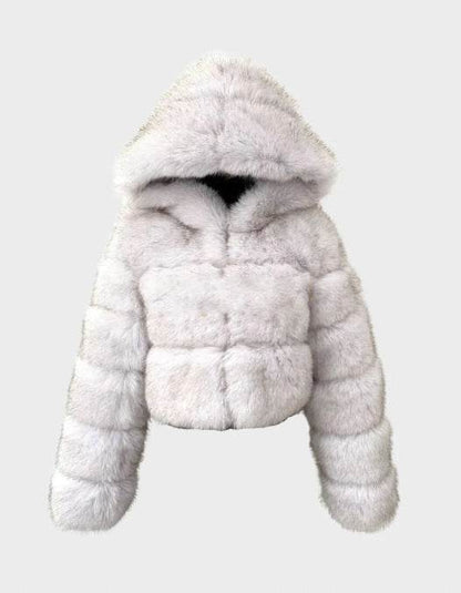 Trendy Short Hood Fox Fur Women's Coat - Stylish Faux Fur & Leather - Buy Center