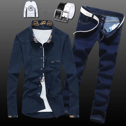 Men's Stylish Slim Fit Pajama Set - Denim Shirt & Pants Combo 2025 - Buy Center