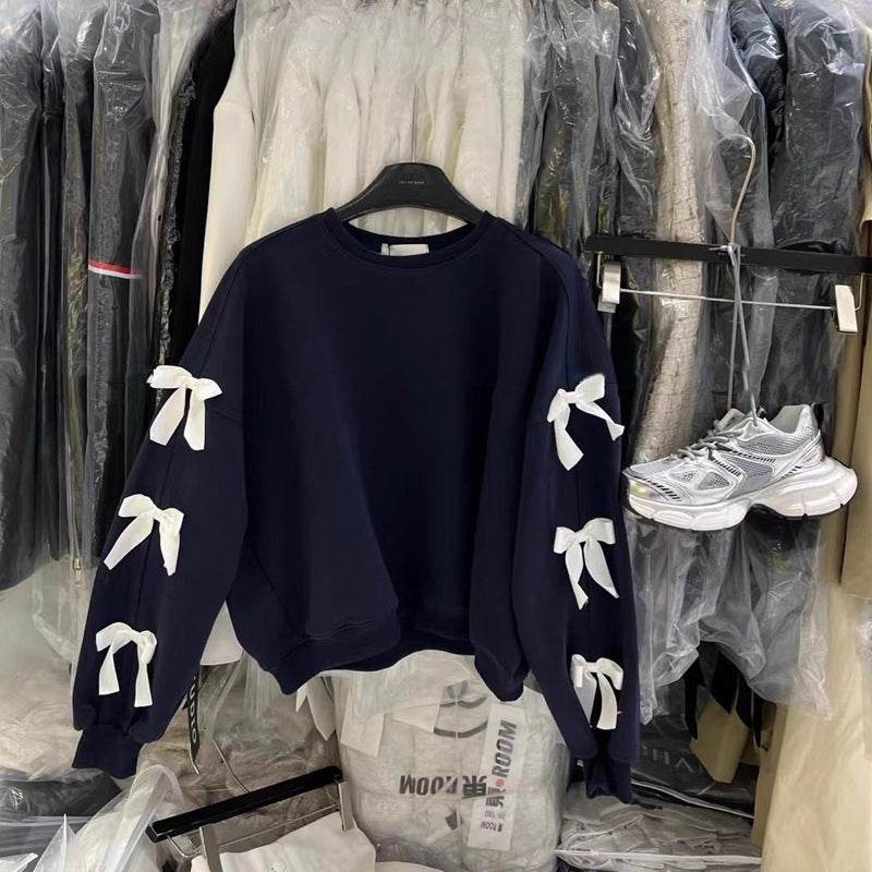 Trendy Women's Bow Round Neck Long-Sleeved Cotton Sweater - Chic Style - Buy Center