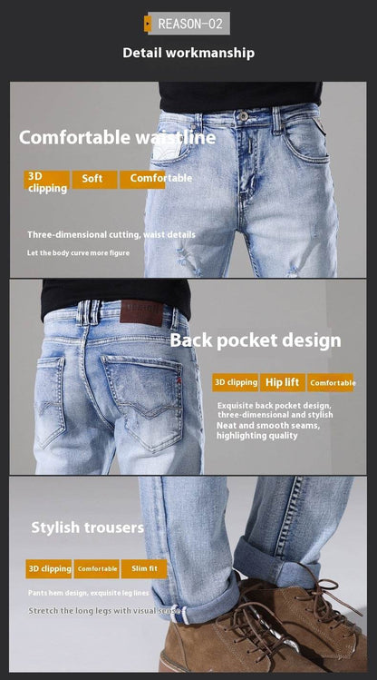 Men's Slim-Fit Ripped White Jeans - Casual Mid Waist Summer Pants - Buy Center