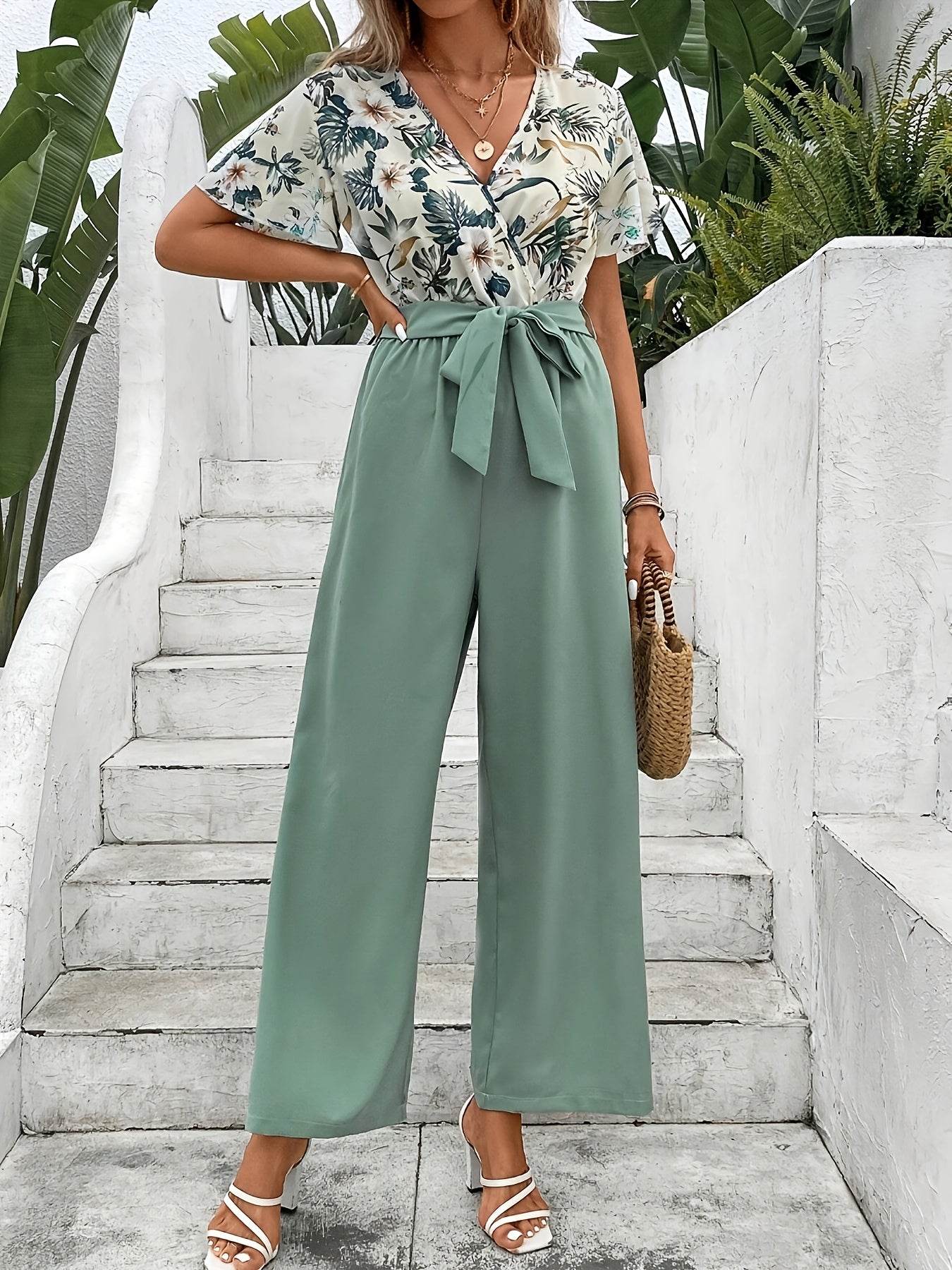 Women's Floral V-Neck Top & Wide-Leg Pants Suit Set - Casual Style - Buy Center