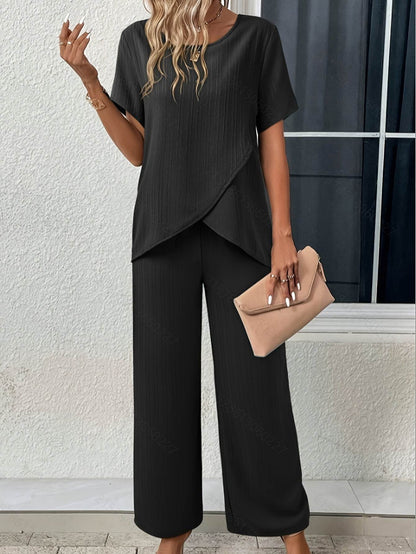 Women's Spring Casual Two-Piece Set - Round Neck Dress Top & Pants - Buy Center