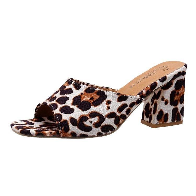 Buycenter Leopard Square Toe Sandals - Stylish High-Heeled Slippers for Women - Buy Center