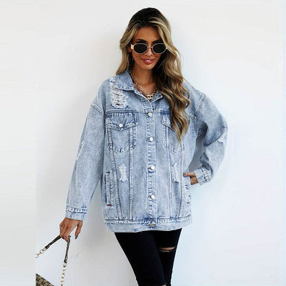 Boyfriend-Style Ripped Denim Jacket - Light Blue Casual Fashion 2025 - Buy Center
