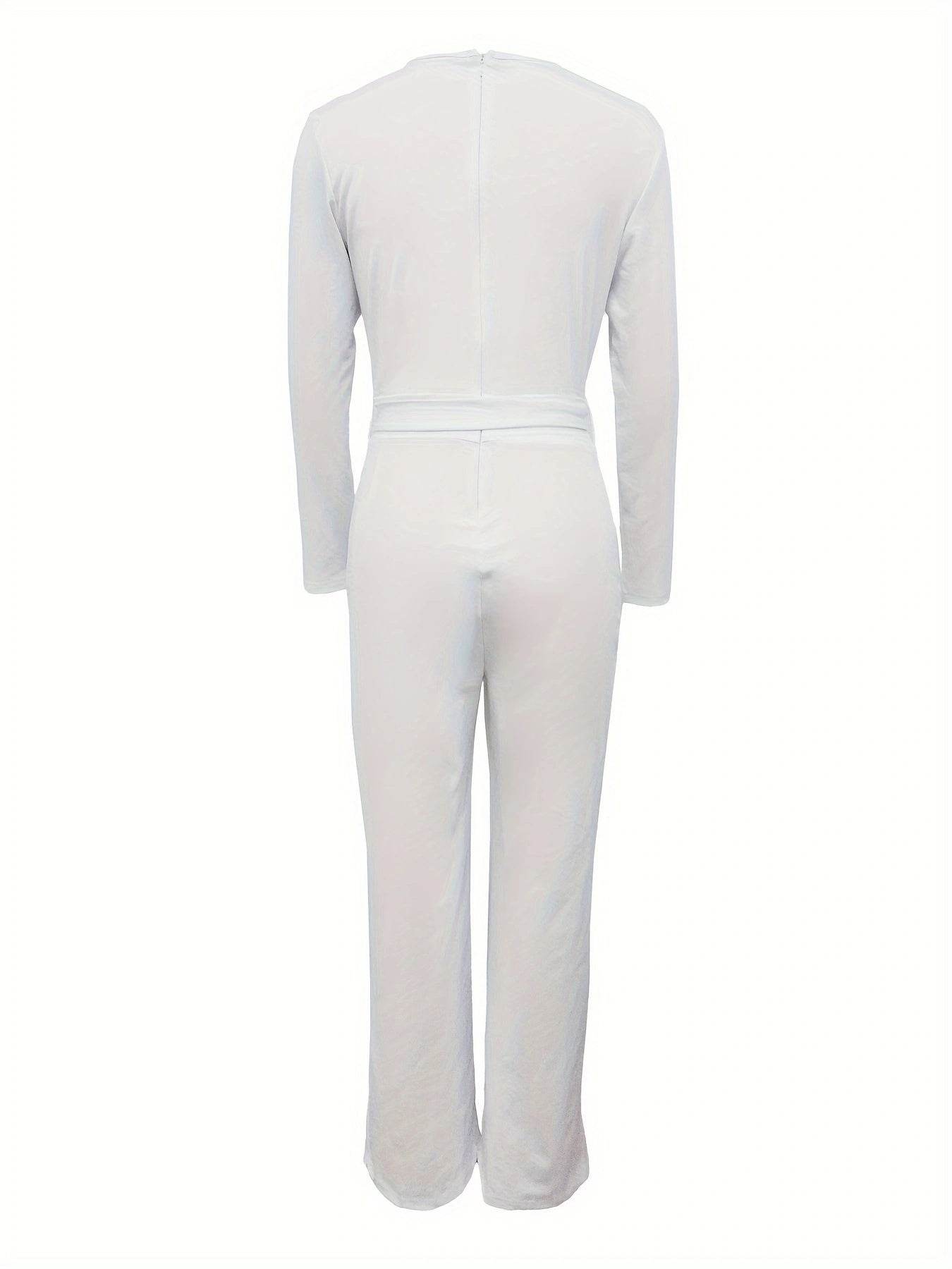 Women's Long Sleeve V-Neck Jumpsuit - Slimming Bow Tie Design 2025 - Buy Center