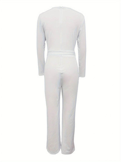 Women's Long Sleeve V-Neck Jumpsuit - Slimming Bow Tie Design 2025 - Buy Center