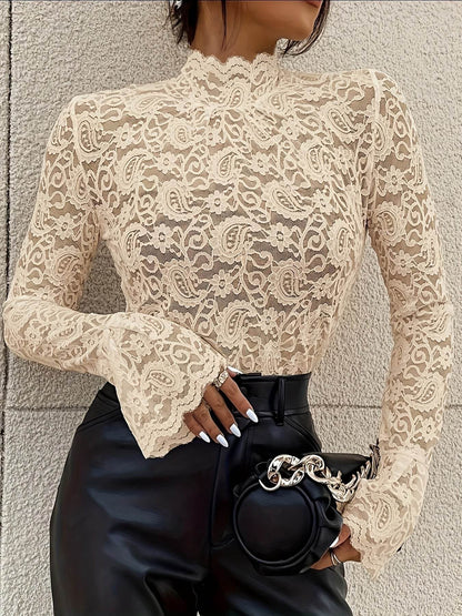 Elegant Slim-Fit Lace Top with Flared Bell Sleeves - Stylish & Premium 2025 - Buy Center