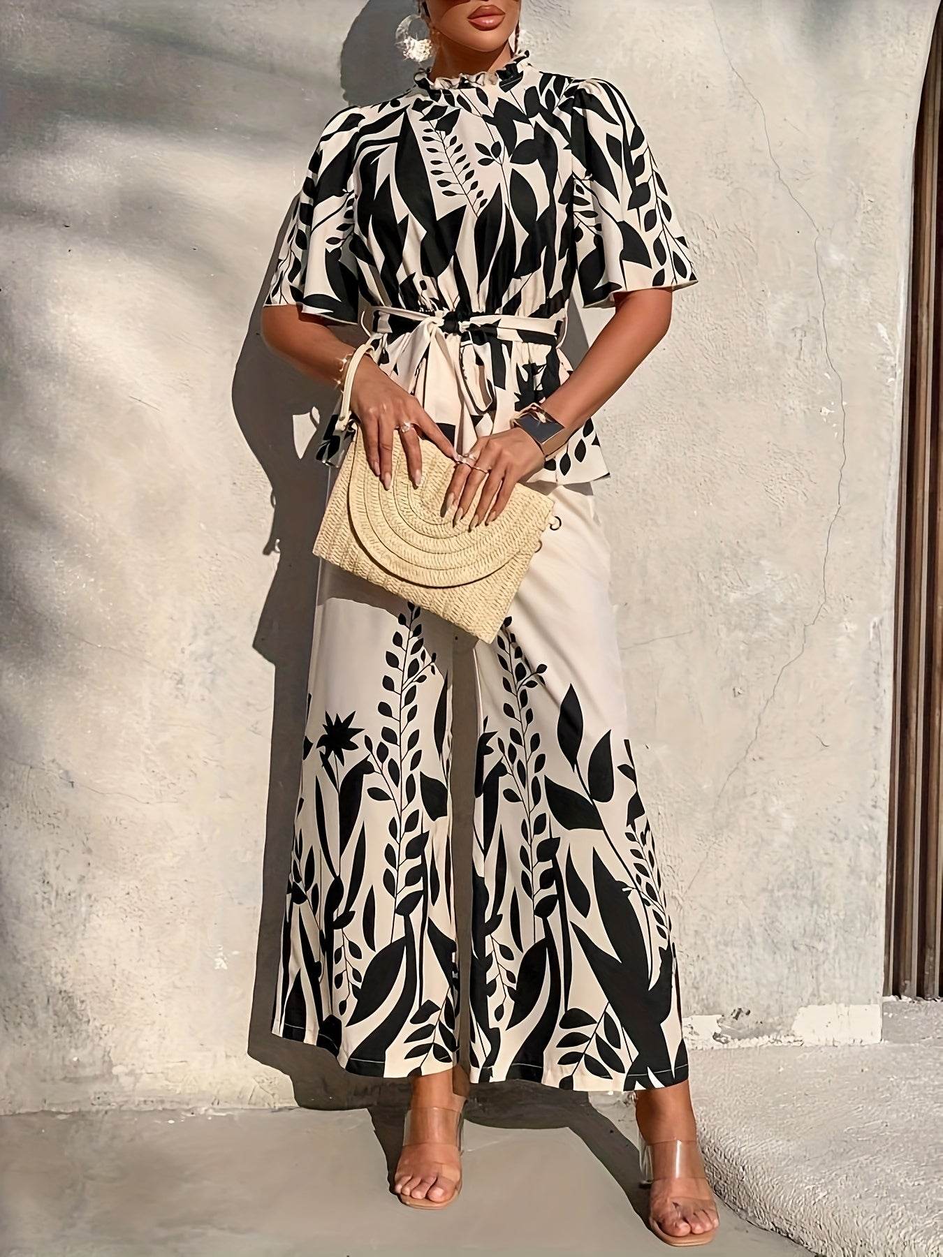 Elegant Floral Print Women's Pants Set - Short Sleeve, Wide Leg - Buy Center