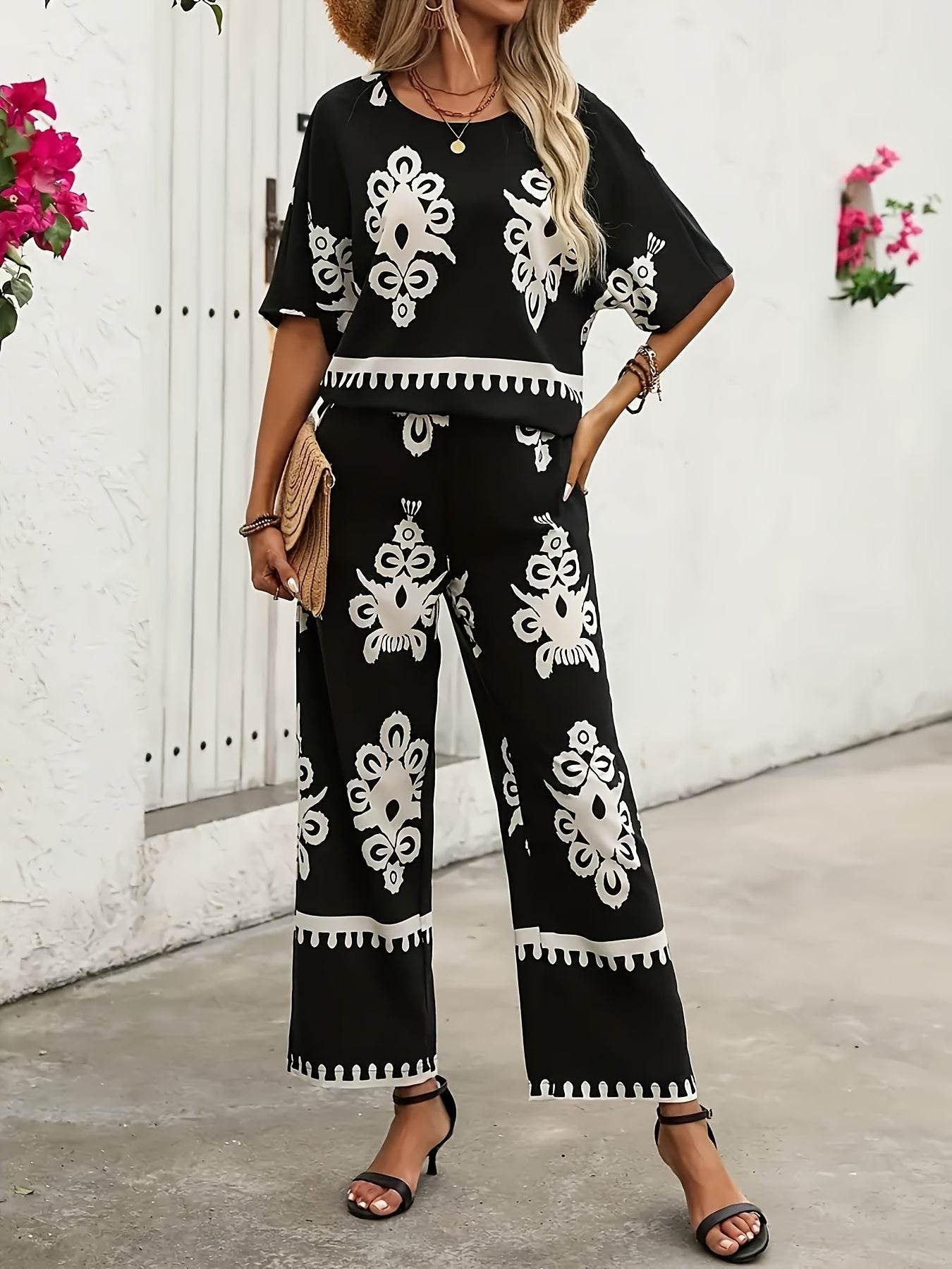 Elegant Geometric Pattern Wide Leg Outfit Set - Polyester, Autumn Fog - Buy Center