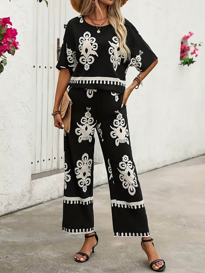 Elegant Geometric Pattern Wide Leg Outfit Set - Polyester, Autumn Fog - Buy Center