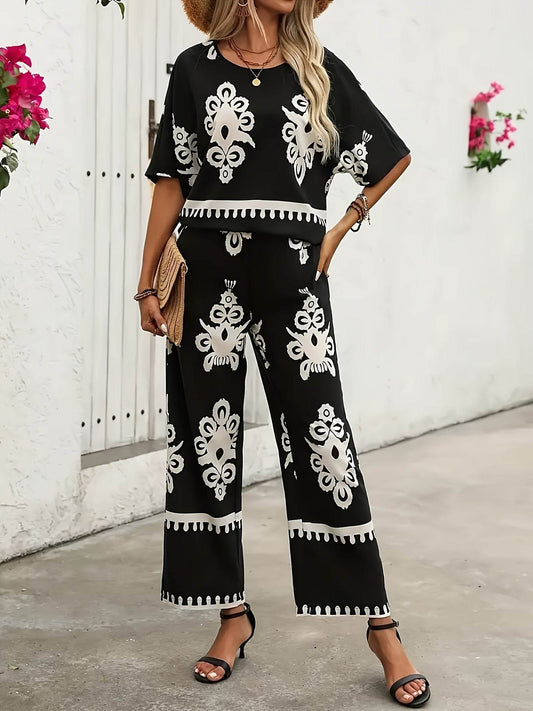 Elegant Geometric Pattern Wide Leg Outfit Set - Polyester, Autumn Fog - Buy Center