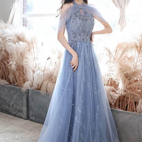 Buycenter French Long Blue Dress - Elegant Evening Gown for All Sizes - Buy Center