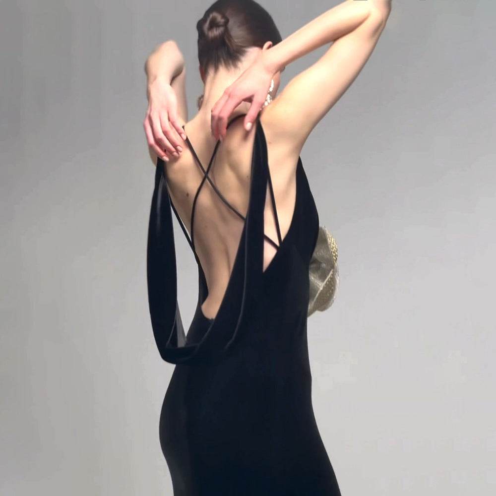Elegant Black Camisole Dress - Backless Design with Golden Accent - Buy Center