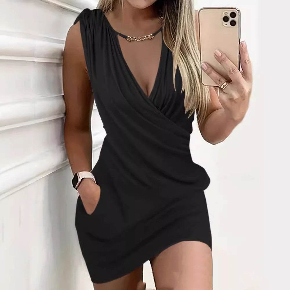 Buycenter V-Neck Pocket Dress - Elegant Drawstring Style, Loose Fit - Buy Center