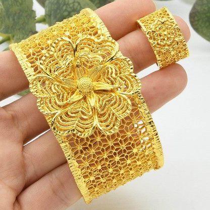 Women's Alluvial Gold Bracelet Ring Set - C-Shaped Ripple Design - Buy Center