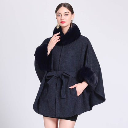 Buycenter Women's Rabbit Fur Collar Shawl Cape - Knitted Padded Jacket - Buy Center