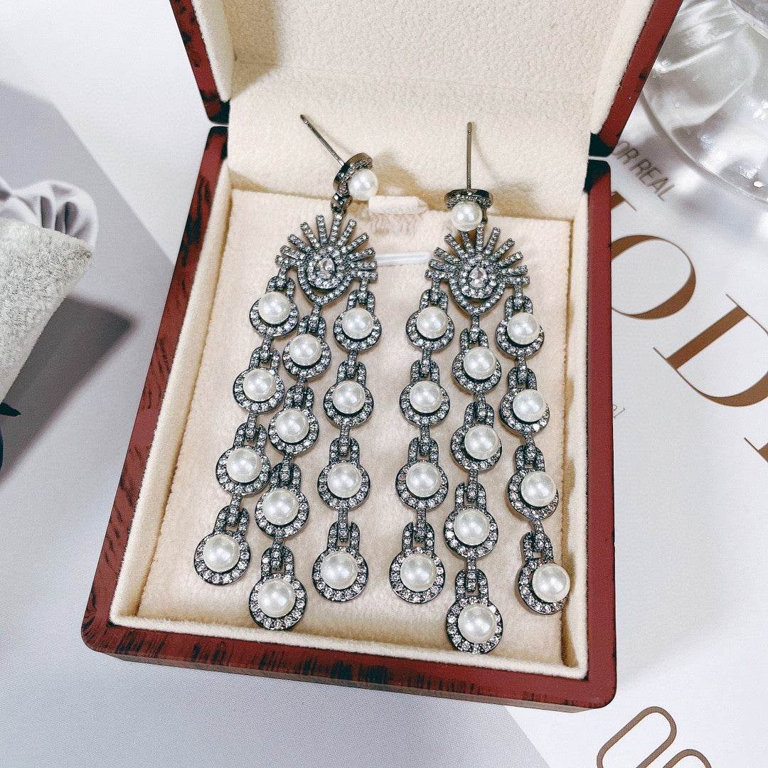 Stunning Micro Inlay Zircon Beaded Fringe Earrings - Elegant Bridal Jewelry - Buy Center